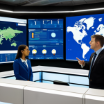 A diverse team of professional adults, including men and women, in a collaborative setting. Dressed in modest business attire, they are in a state-of-the-art global logistics command center. Large interactive screens display complex supply chain networks, real-time data analytics, and AI-powered predictive models for demand forecasting and risk mapping. One person points at a simulated global map showing diversified supplier routes, while another reviews inventory optimization graphs. The overall atmosphere is focused and forward-thinking. professional photography, high resolution, soft studio lighting, perfect anatomy, correct proportions, natural poses, well-formed hands, proper finger count, natural body proportions, fully clothed, modest clothing, appropriate attire, professional dress, safe for work, appropriate content, professional.