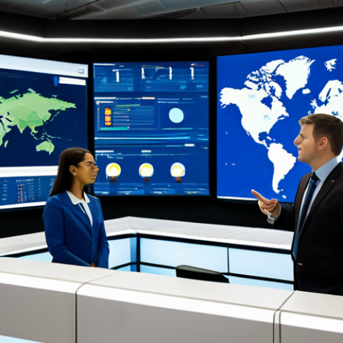 Home 15 A diverse team of professional adults, including men and women, in a collaborative setting. Dressed in modest business attire, they are in a state-of-the-art global logistics command center. Large interactive screens display complex supply chain networks, real-time data analytics, and AI-powered predictive models for demand forecasting and risk mapping. One person points at a simulated global map showing diversified supplier routes, while another reviews inventory optimization graphs. The overall atmosphere is focused and forward-thinking. professional photography, high resolution, soft studio lighting, perfect anatomy, correct proportions, natural poses, well-formed hands, proper finger count, natural body proportions, fully clothed, modest clothing, appropriate attire, professional dress, safe for work, appropriate content, professional.