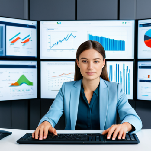 Home 8 A professional businesswoman, fully clothed in a modest business suit, sitting at a sleek desk in a modern, well-lit office. She is looking confidently at a holographic display showing complex data visualizations and predictive analytics graphs related to supply chain. Behind her, multiple large screens display dynamic dashboards with AI-driven insights. Her hands are naturally posed on a minimalist keyboard. The environment is clean and organized, conveying efficiency and advanced technology. The image is a high-resolution professional photograph, demonstrating perfect anatomy, correct proportions, well-formed hands, and natural body proportions. safe for work, appropriate content, fully clothed, professional dress.