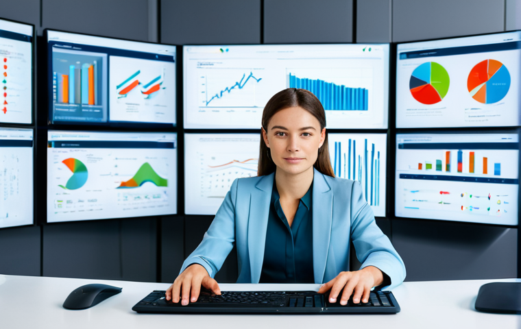 A professional businesswoman, fully clothed in a modest business suit, sitting at a sleek desk in a modern, well-lit office. She is looking confidently at a holographic display showing complex data visualizations and predictive analytics graphs related to supply chain. Behind her, multiple large screens display dynamic dashboards with AI-driven insights. Her hands are naturally posed on a minimalist keyboard. The environment is clean and organized, conveying efficiency and advanced technology. The image is a high-resolution professional photograph, demonstrating perfect anatomy, correct proportions, well-formed hands, and natural body proportions. safe for work, appropriate content, fully clothed, professional dress.