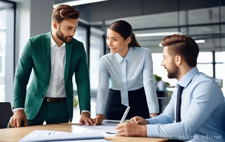 구매조달 직무 관련 영어 능력 향상 방법 - **Professional Collaboration in a Modern Office**
"A photorealistic image depicting a diverse gr...