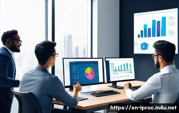 구매조달 관련 온라인 포럼과 커뮤니티 활용법 - A vibrant digital workspace scene showing a diverse group of procurement professionals from various ...