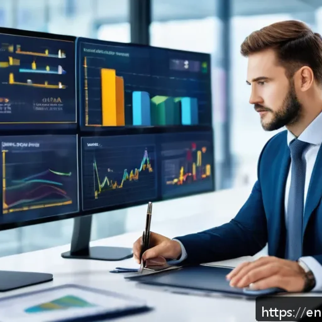 구매조달사로서 글로벌 회사 취업 성공기 - A modern office scene showing a diverse procurement professional analyzing market trends on multiple...