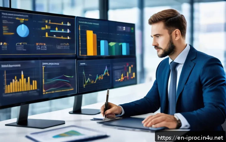 구매조달사로서 글로벌 회사 취업 성공기 - A modern office scene showing a diverse procurement professional analyzing market trends on multiple...
