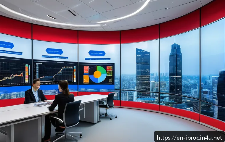 구매조달에서 데이터 분석의 활용 사례 - A high-tech procurement office environment showcasing a diverse team of professionals analyzing larg...